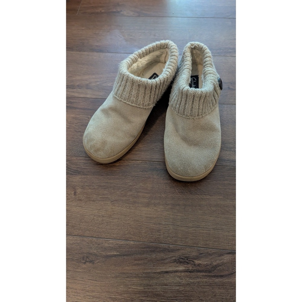 Clarks Womens Tan Suede Knit Collar Faux Fur Lined Slipper Booties Size 10M